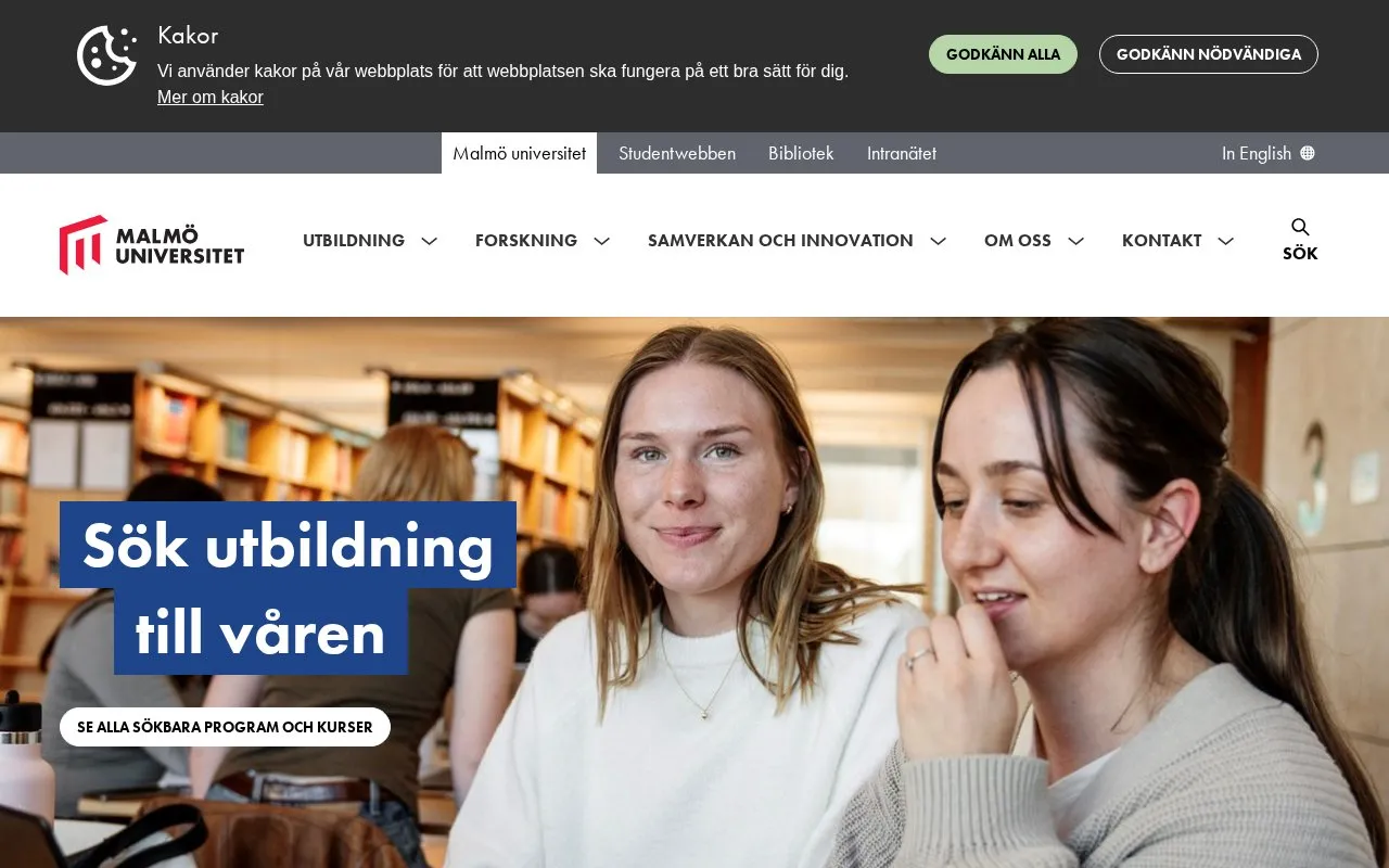 Malmo University homepage screenshot