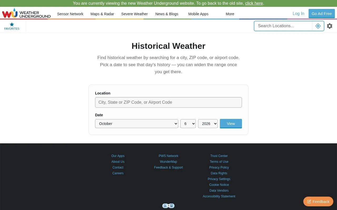 Weather History & Data Archive homepage screenshot