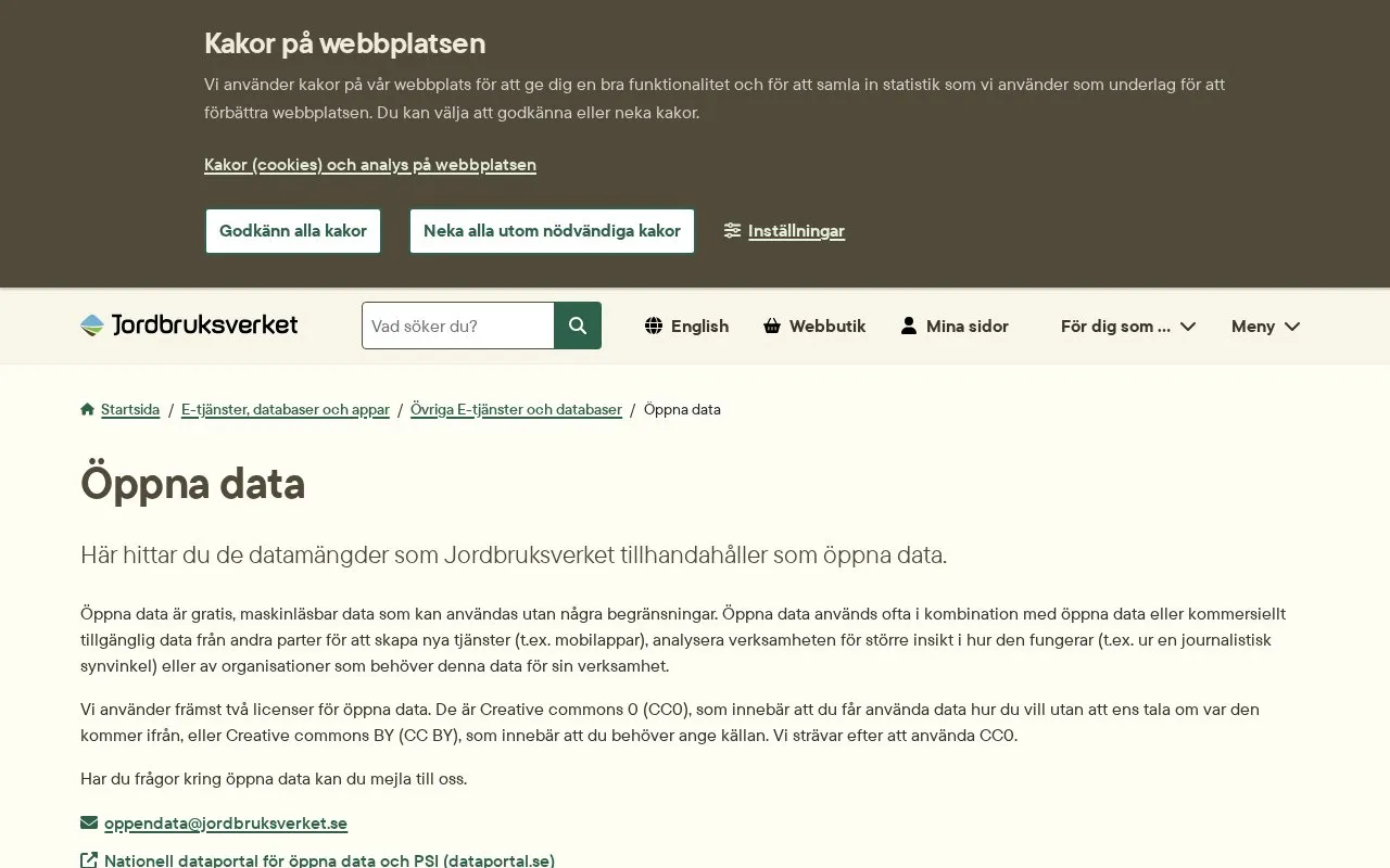 Swedish Board of Agriculture Open Data homepage screenshot