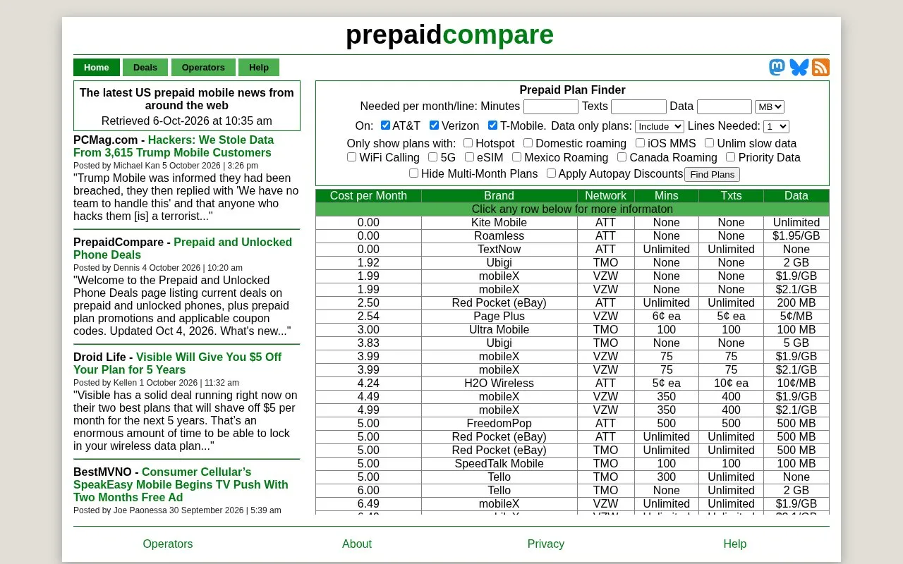 Prepaid Compare homepage screenshot