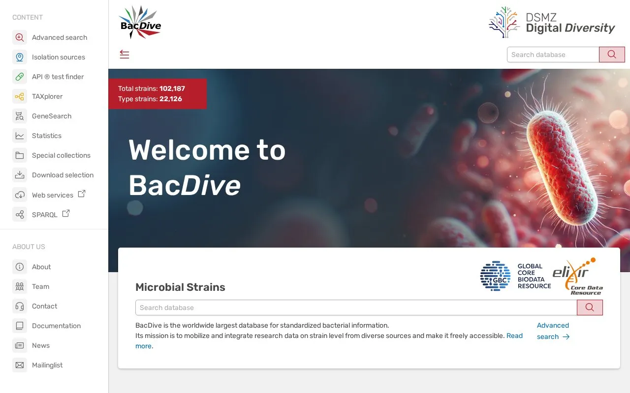BacDive homepage screenshot