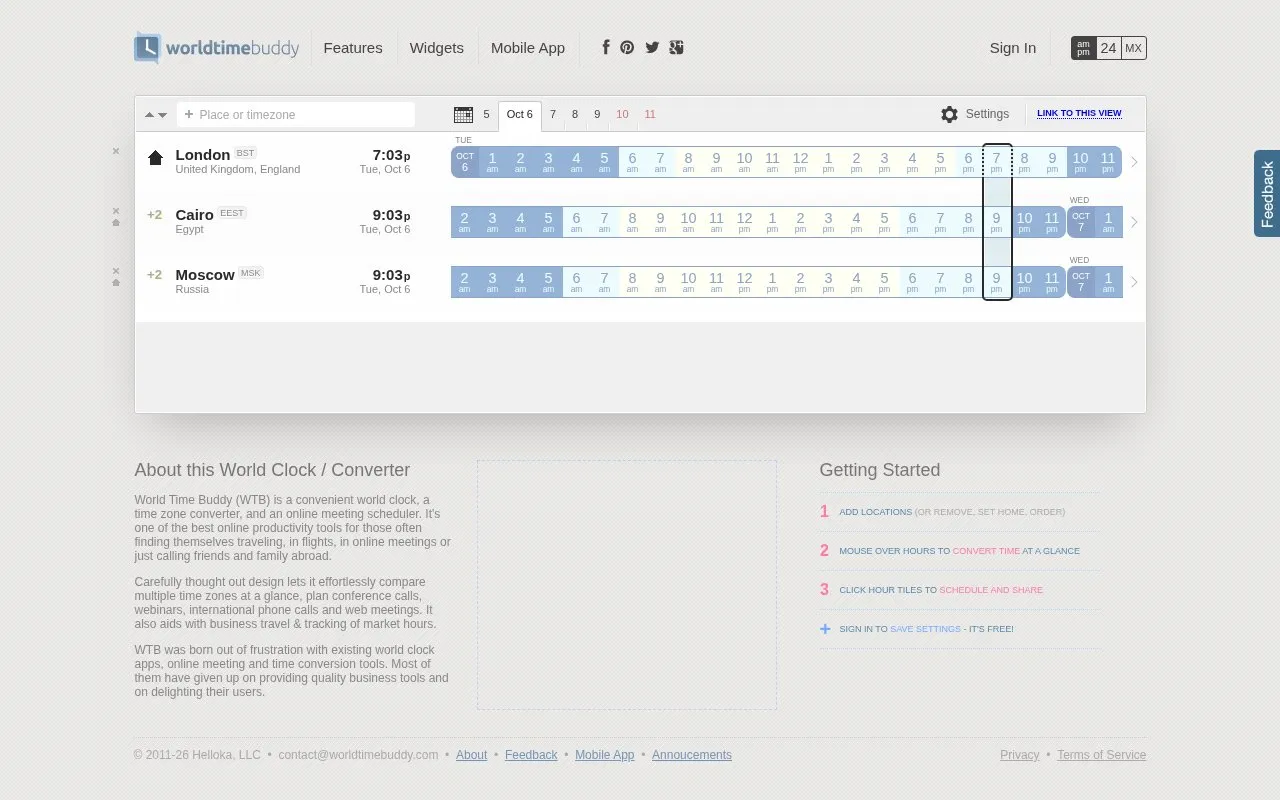 WorldTimeBuddy homepage screenshot