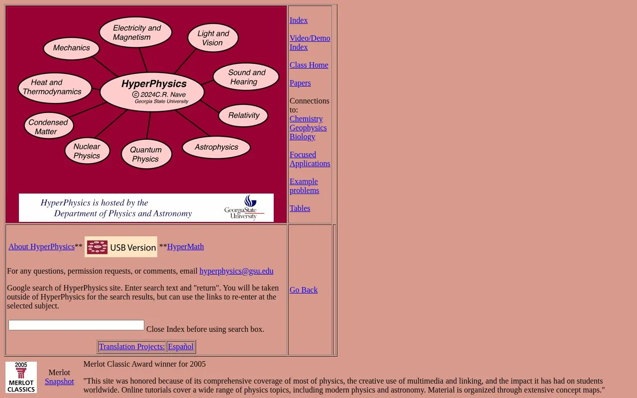 HyperPhysics homepage screenshot