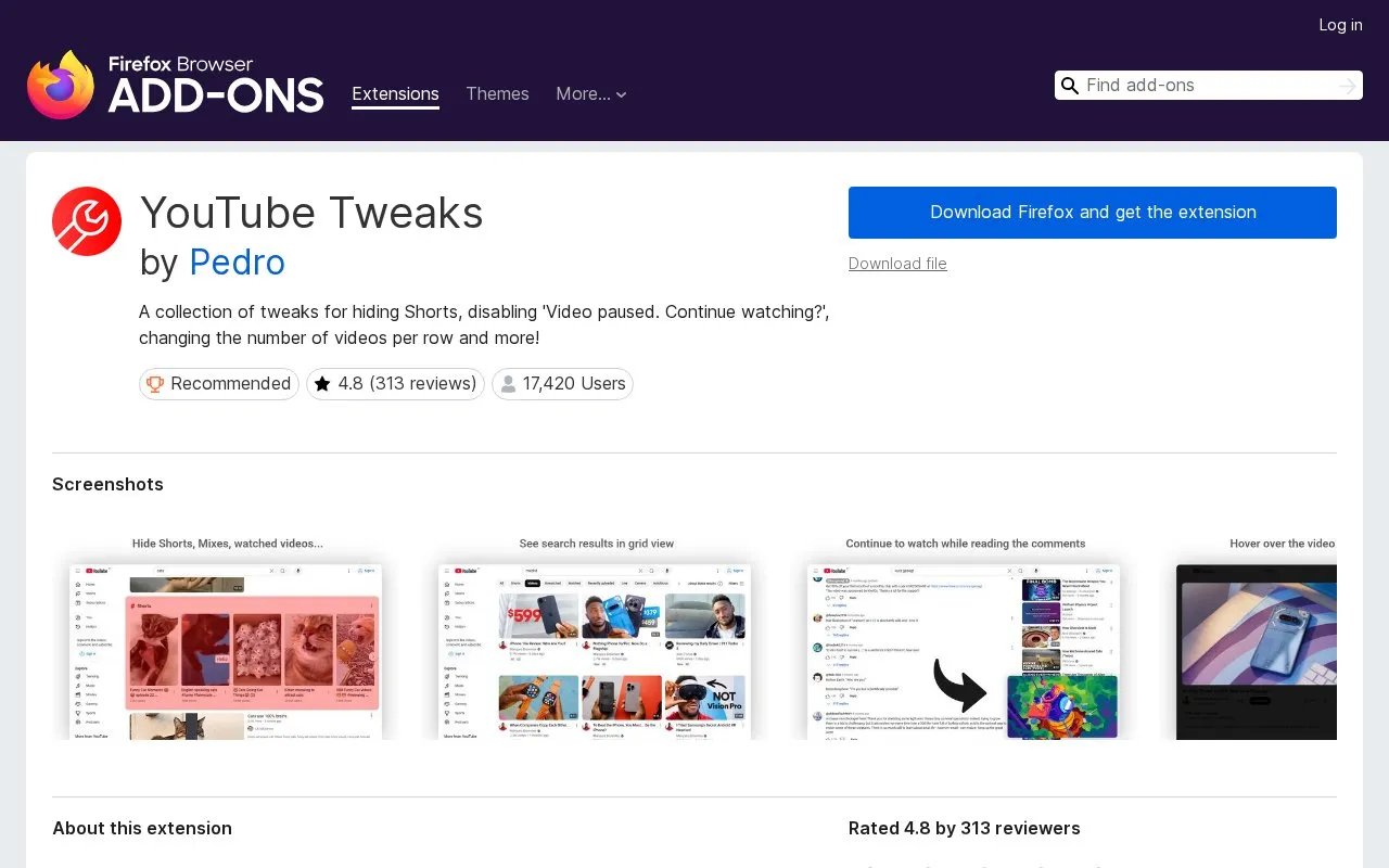 YouTube Tweaks by Pedro homepage screenshot