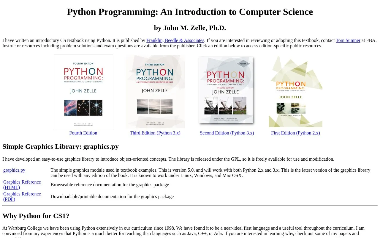 Python Programming: An Introduction to Computer Science by John Zelle homepage screenshot