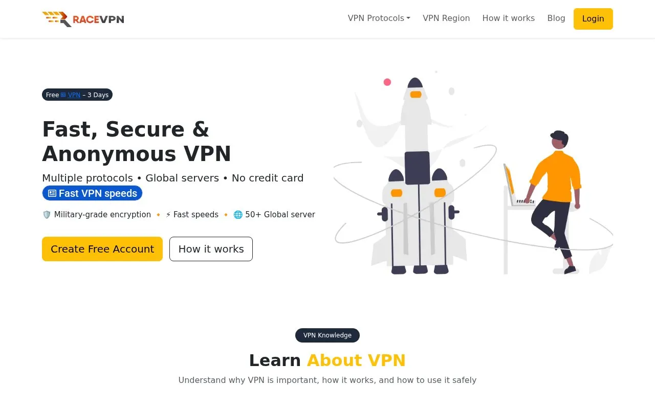 RaceVPN homepage screenshot