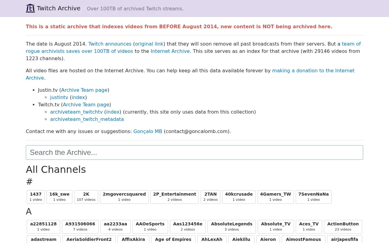 TwitchArchive homepage screenshot