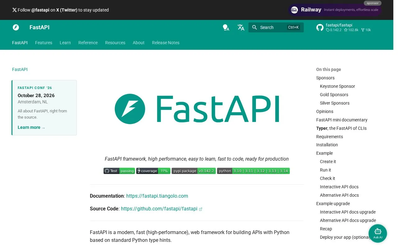 FastAPI homepage screenshot