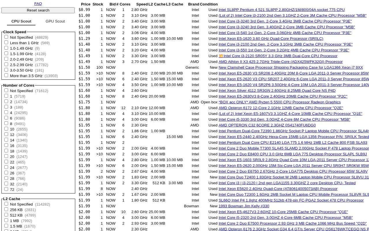 CPU Scout homepage screenshot