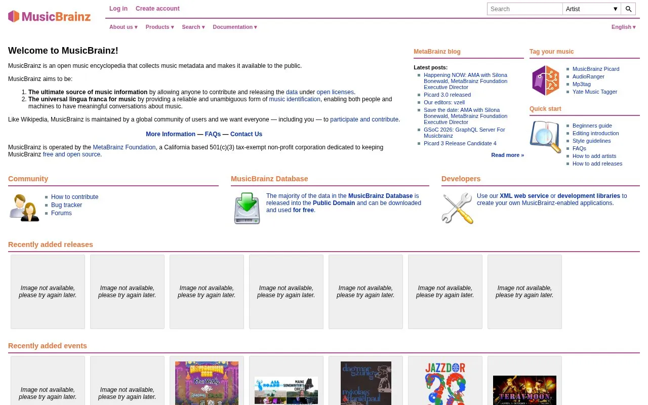 MusicBrainz homepage screenshot