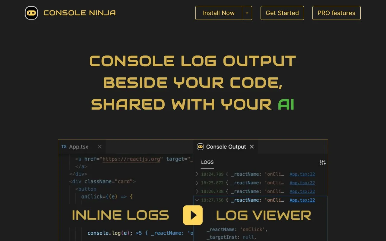 Console Ninja homepage screenshot