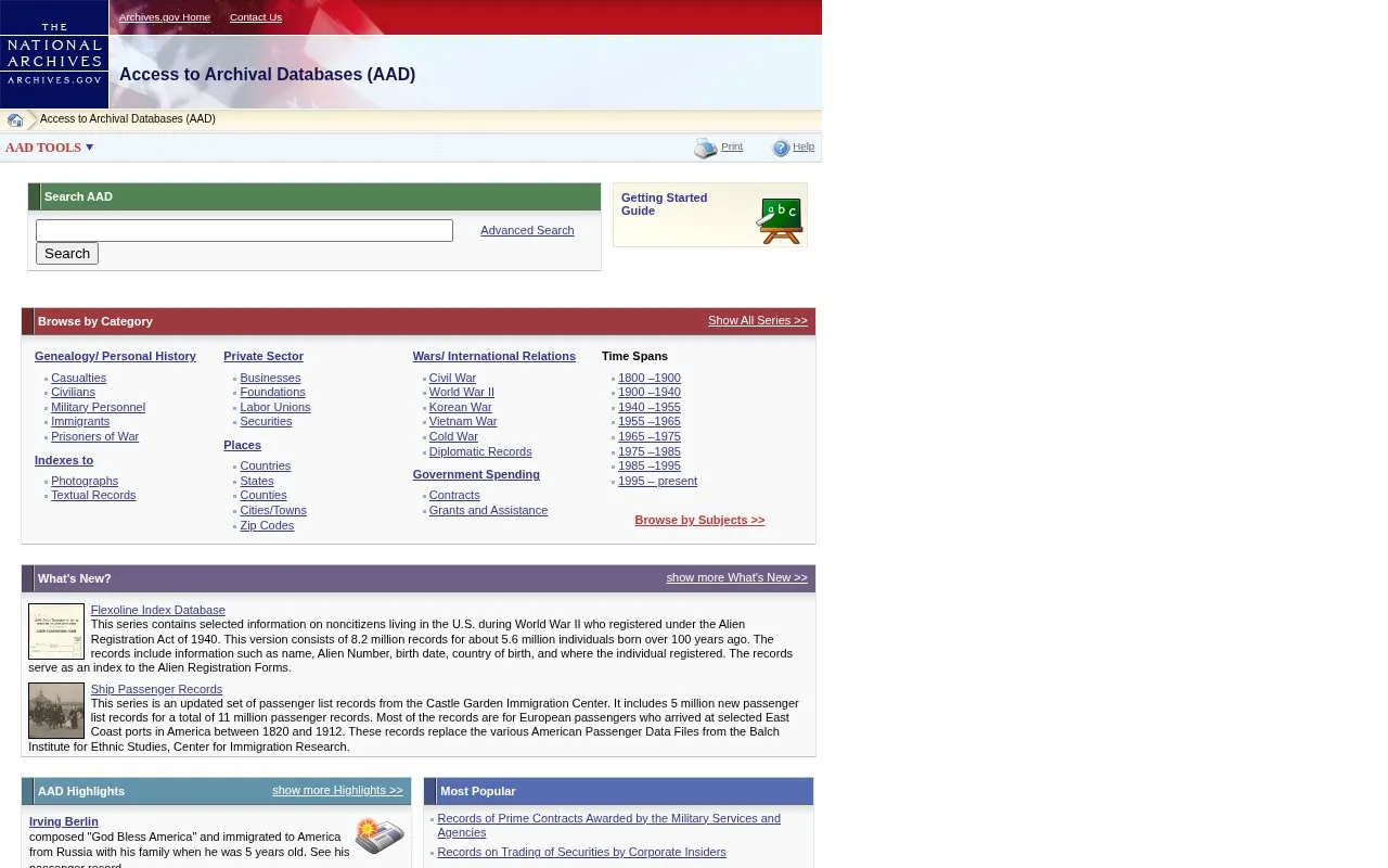 Access to Archival Databases homepage screenshot