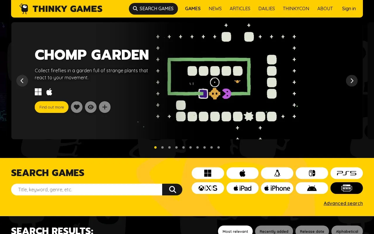ThinkyGames homepage screenshot