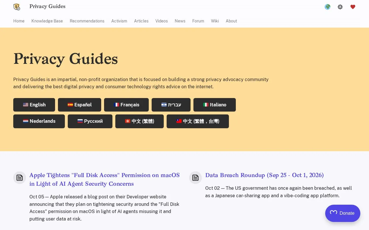 Privacy Guides homepage screenshot