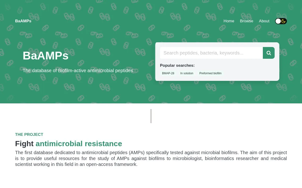 Biofilm-active AMPs database homepage screenshot