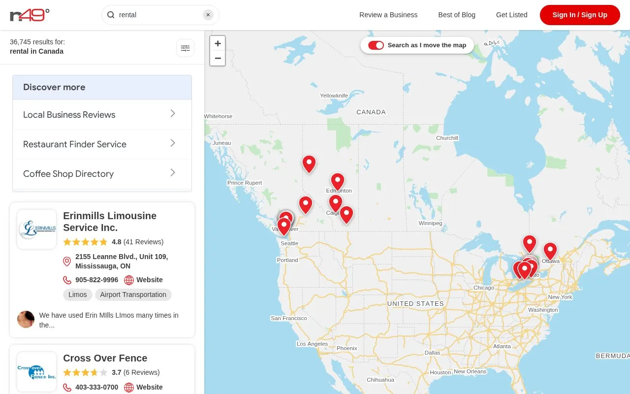 Rental in Canada homepage screenshot