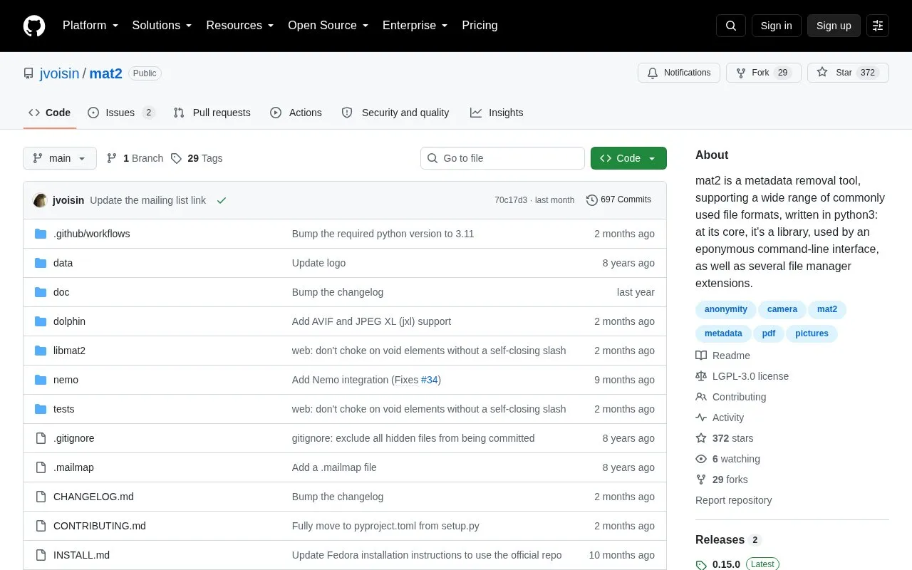 mat2 homepage screenshot