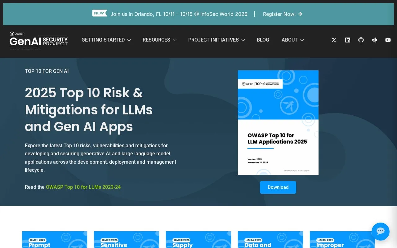 OWASP Top 10 for LLM Applications homepage screenshot