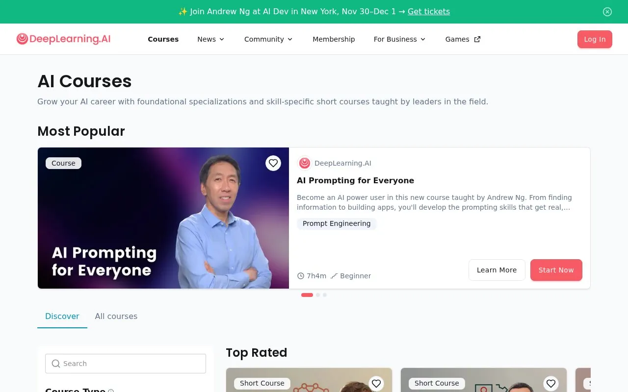 DeepLearning.AI Short Courses homepage screenshot