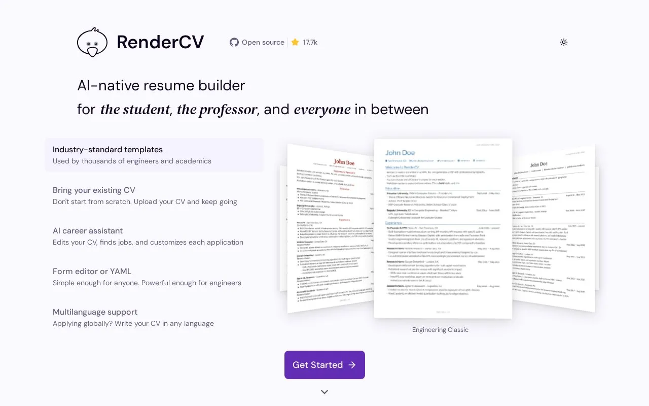 RenderCV homepage screenshot