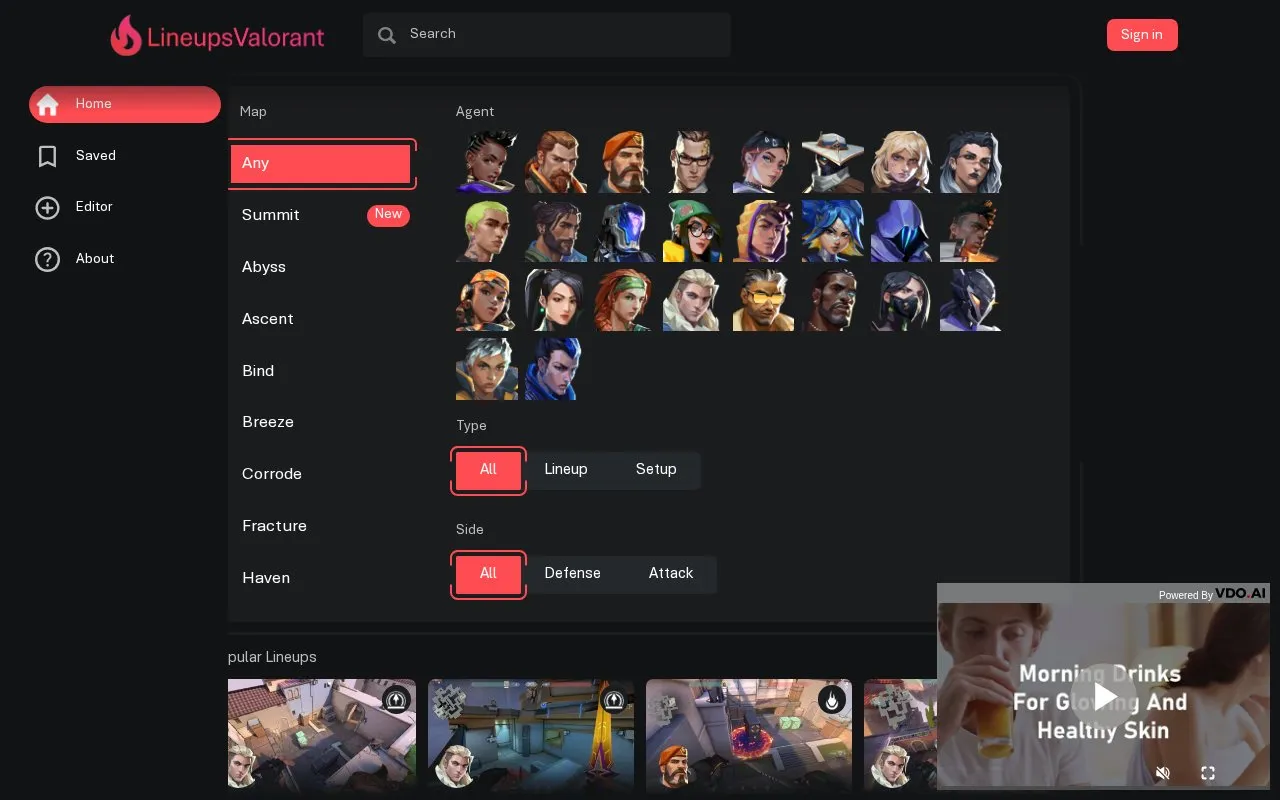 LineupsValorant homepage screenshot