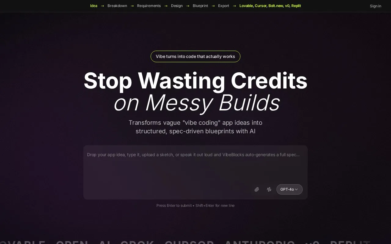 VibeBlocks homepage screenshot