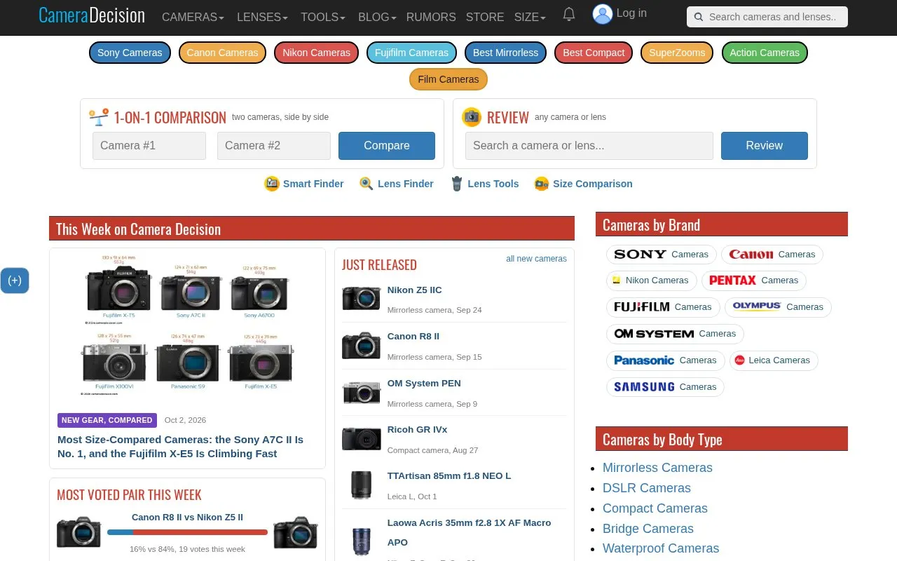 Camera Decision homepage screenshot