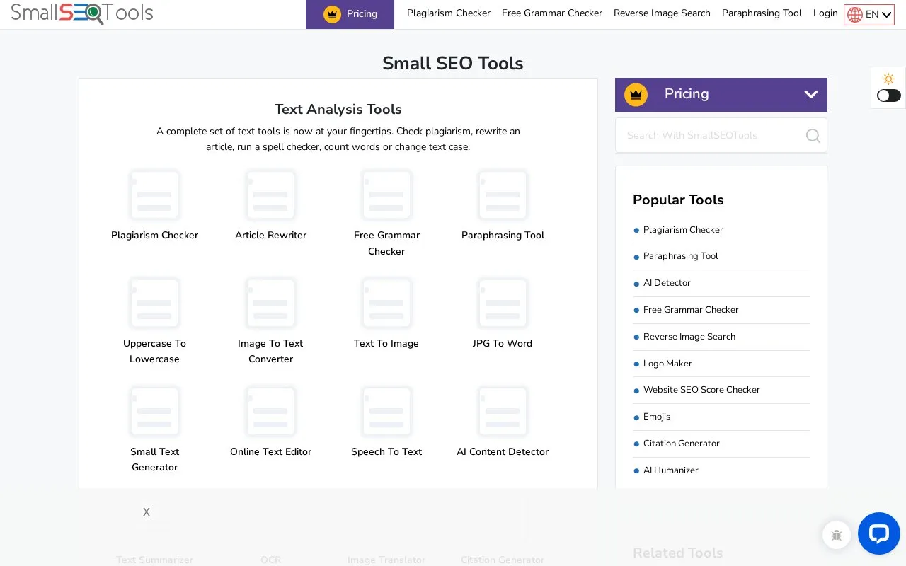 SmallSEOTools homepage screenshot