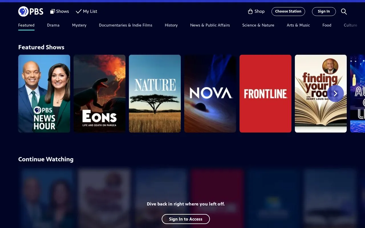 PBS homepage screenshot
