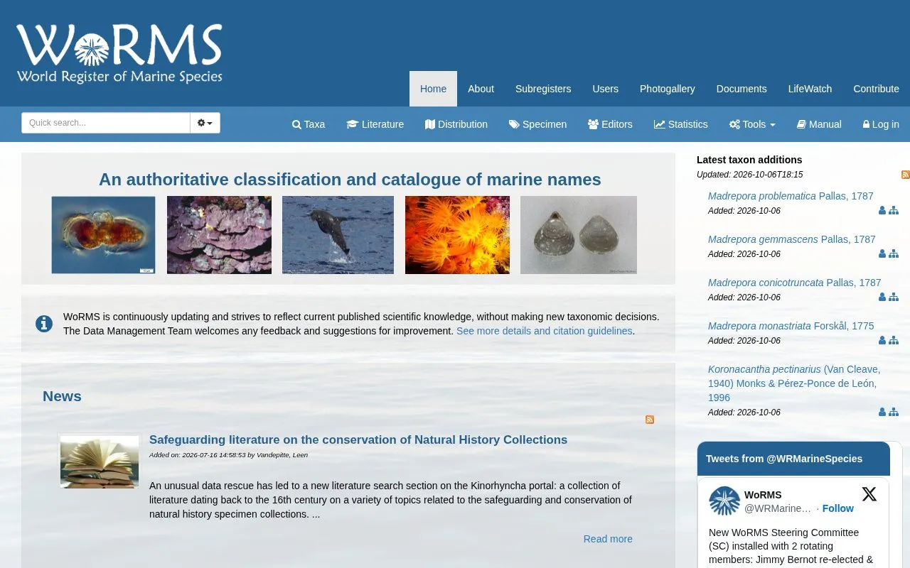 World Register of Marine Species homepage screenshot