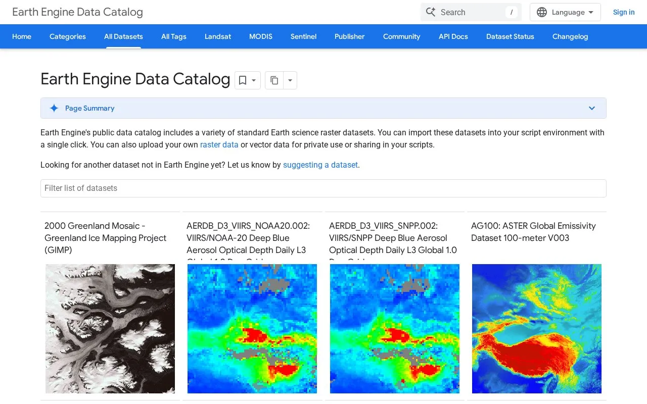 Earth Engine Data Catalog homepage screenshot