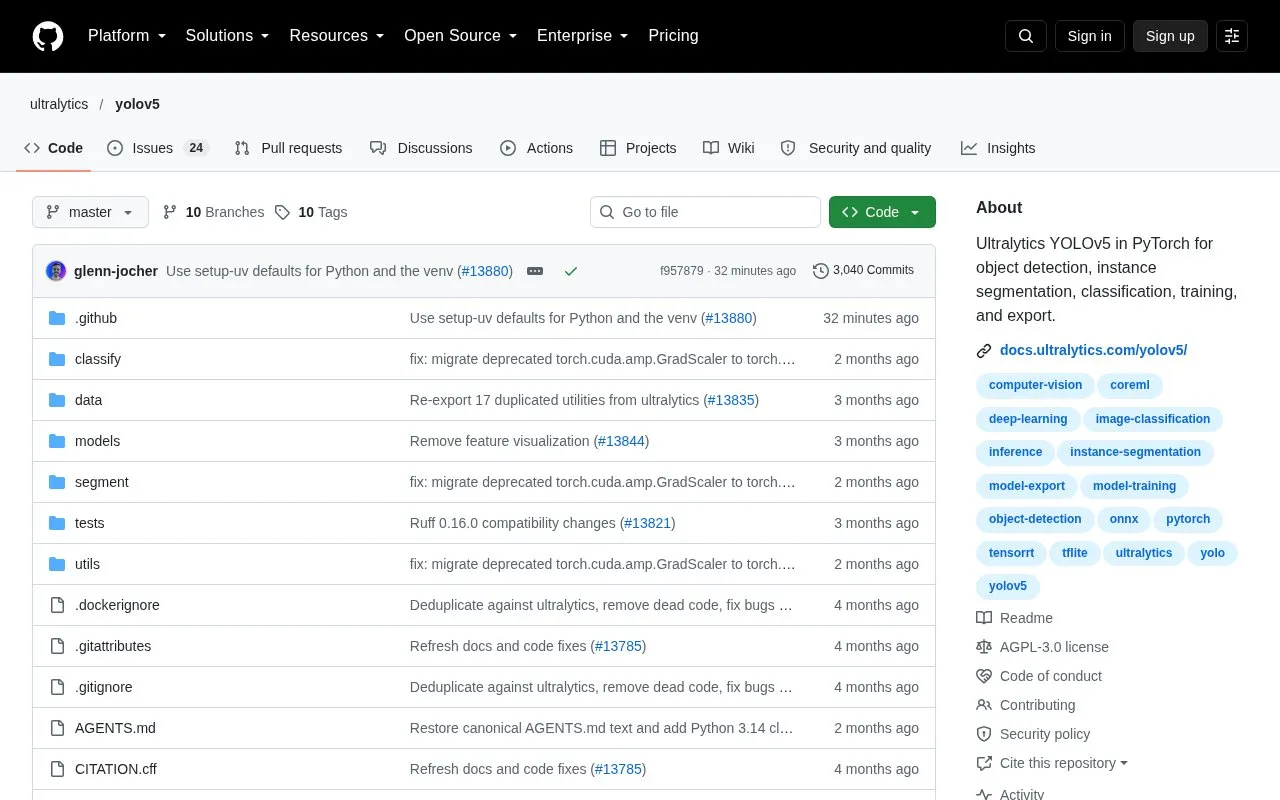 Yolov5 homepage screenshot