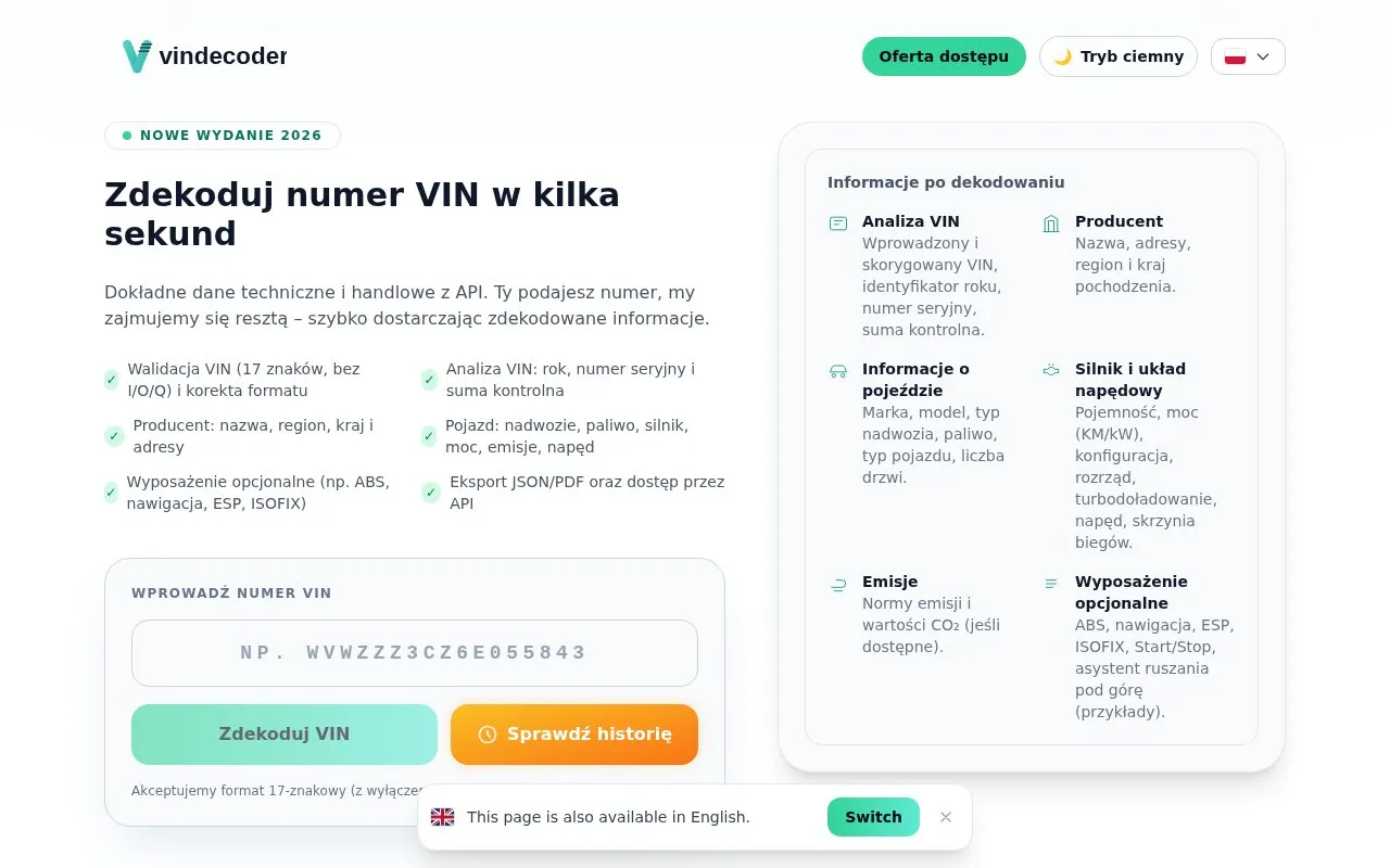 VIN Decoder homepage screenshot