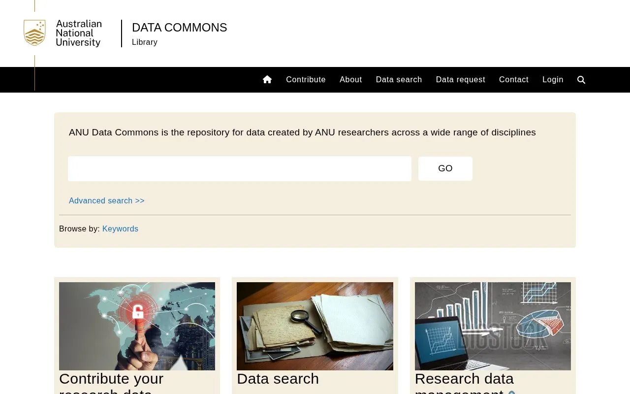 ANU Data Commons homepage screenshot