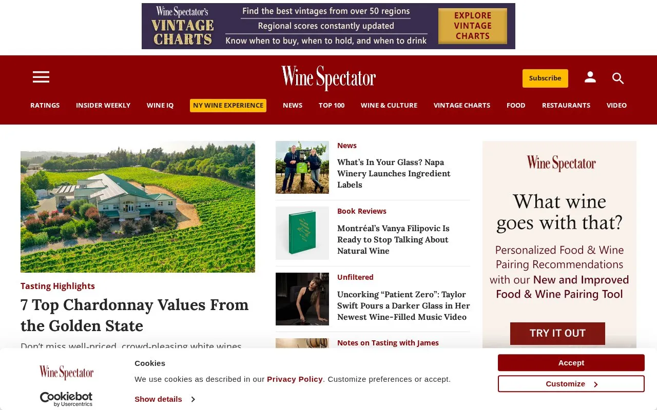 Wine Spectator homepage screenshot