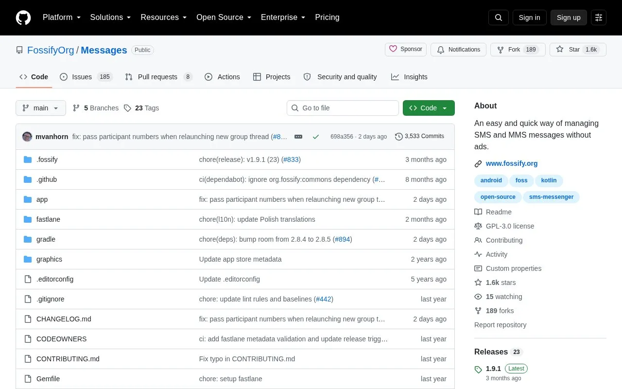 Messages homepage screenshot