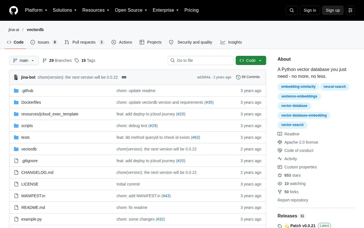 VectorDB homepage screenshot
