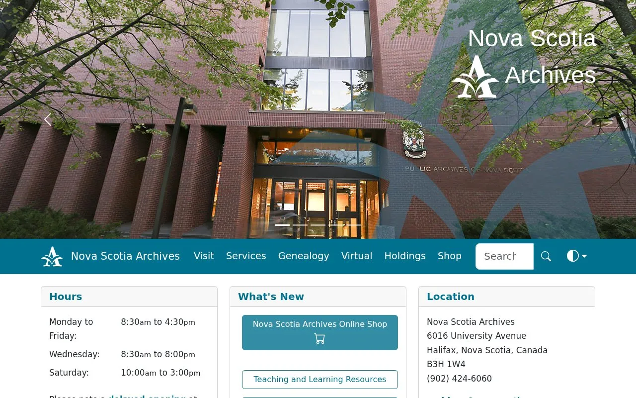 Nova Scotia Archives and Records Management homepage screenshot