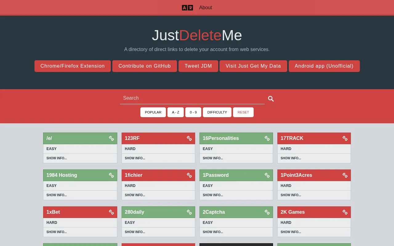 JustDeleteMe homepage screenshot