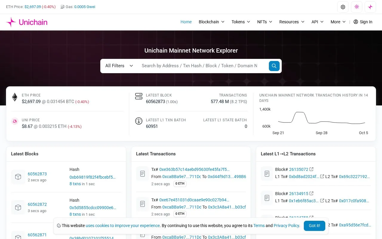 Unichain — Unichain Mainnet Explorer homepage screenshot