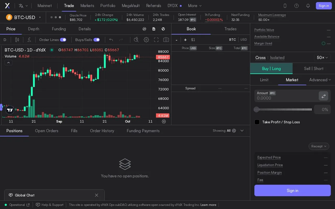 dYdX V4 homepage screenshot