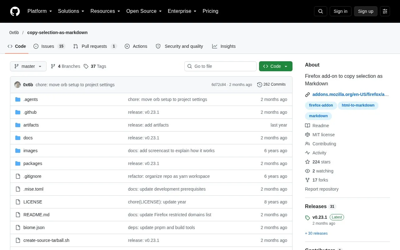 Copy Selection as Markdown homepage screenshot