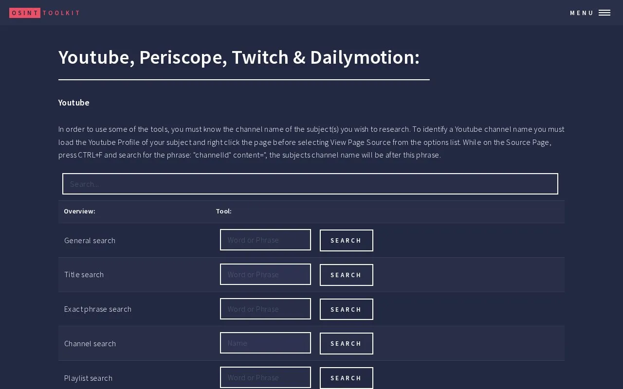 Youtube, Periscope, Twitch & Dailymotion homepage screenshot