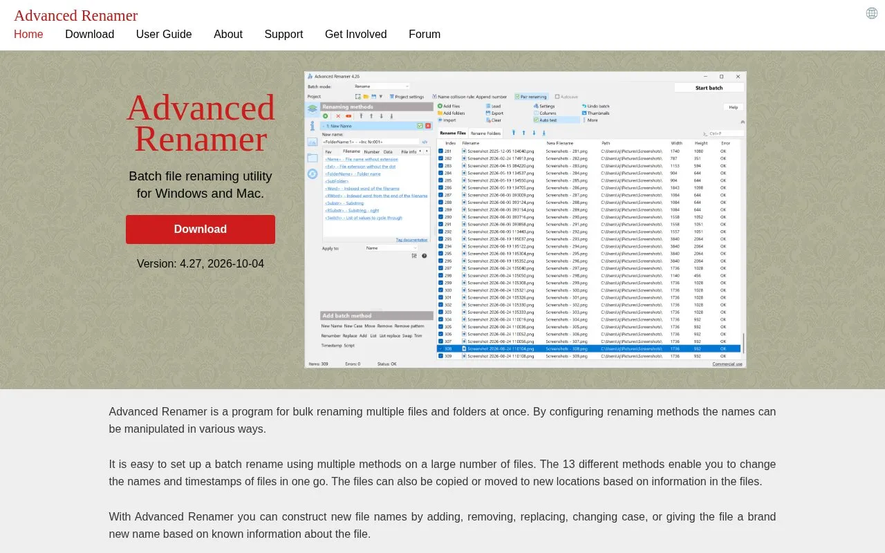 Advanced Renamer homepage screenshot
