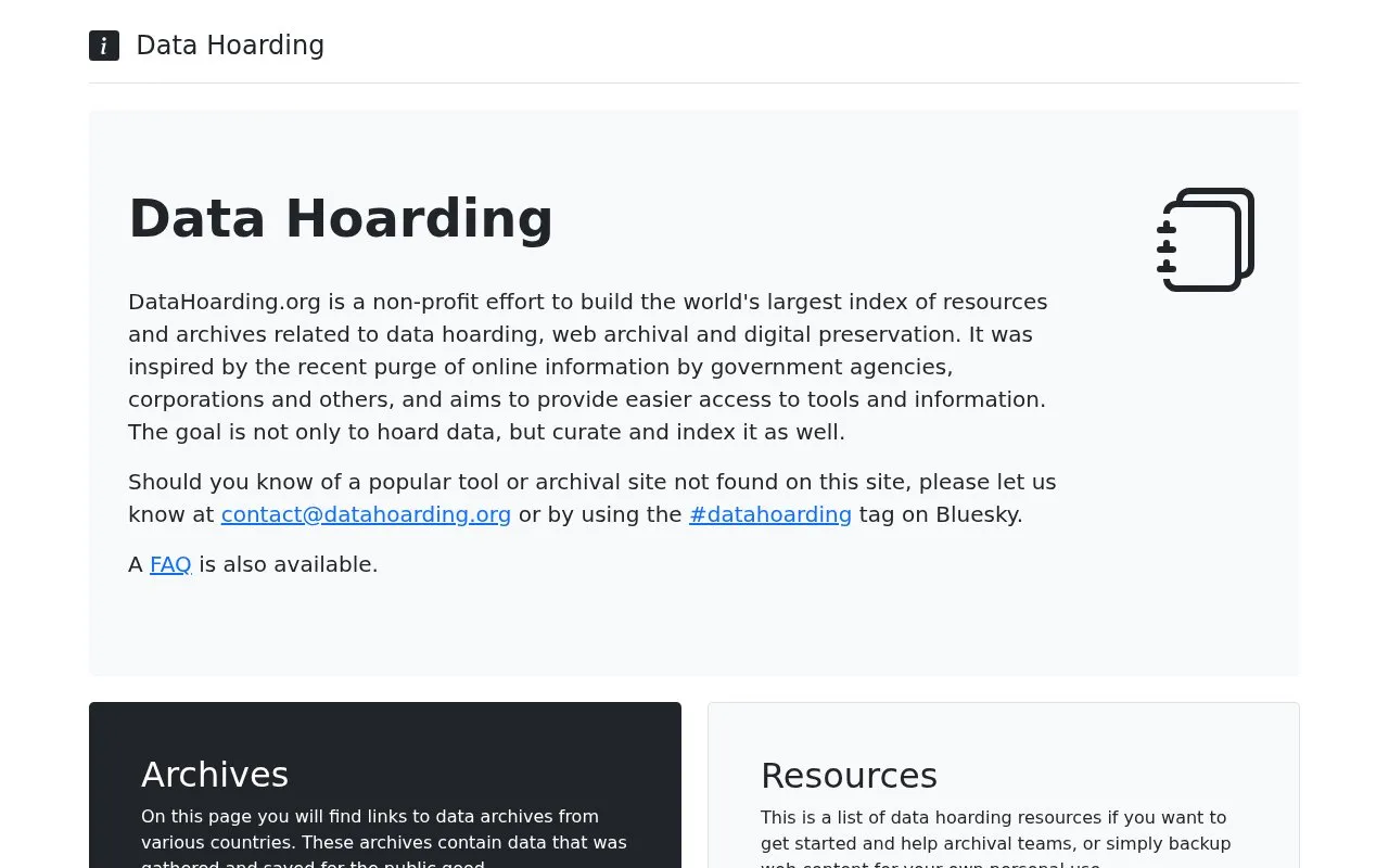 Data Hoarding homepage screenshot