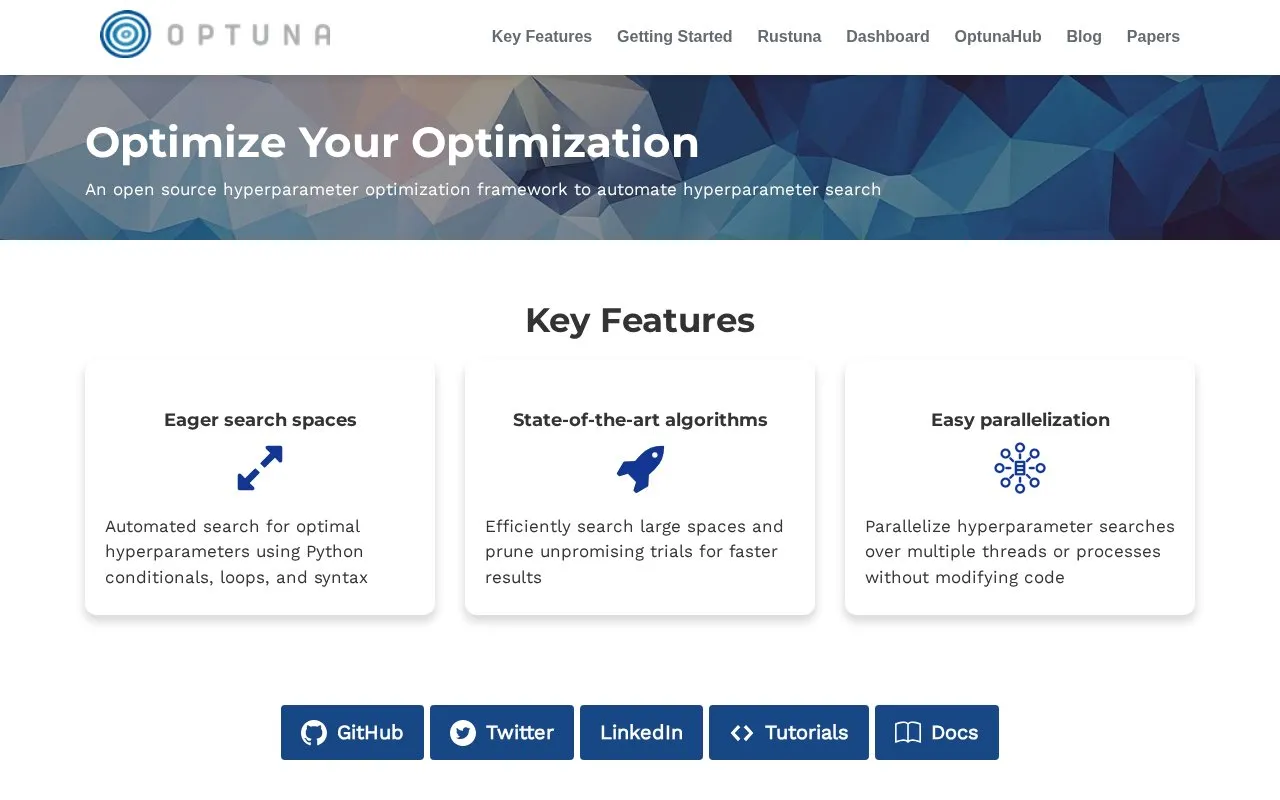 Optuna homepage screenshot