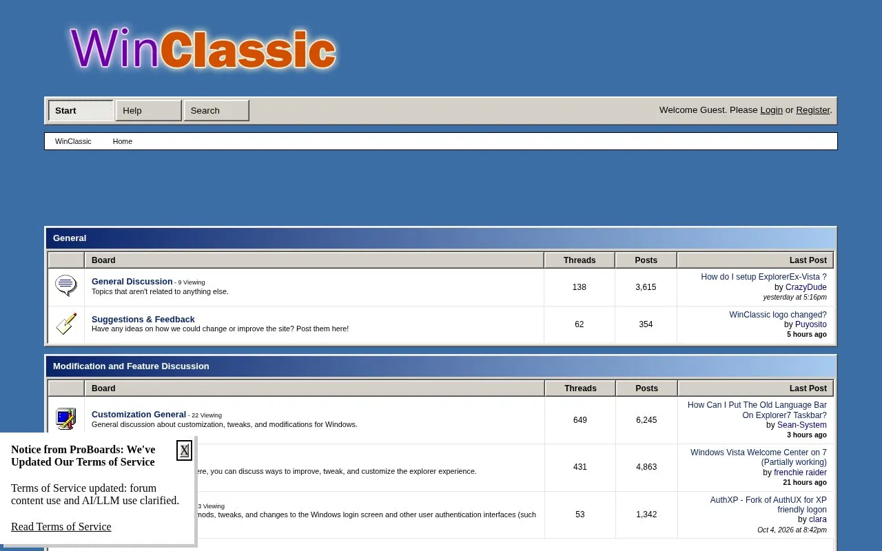 WinClassic homepage screenshot
