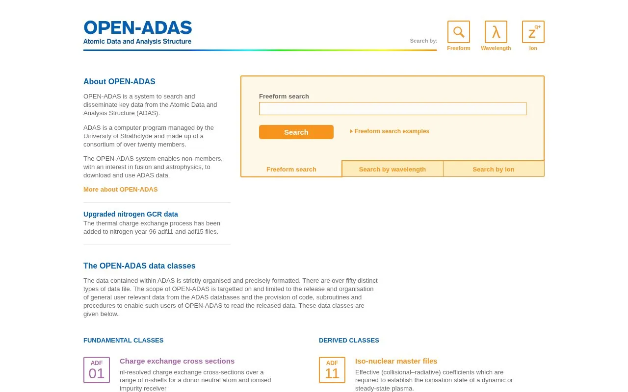 OPEN-ADAS homepage screenshot