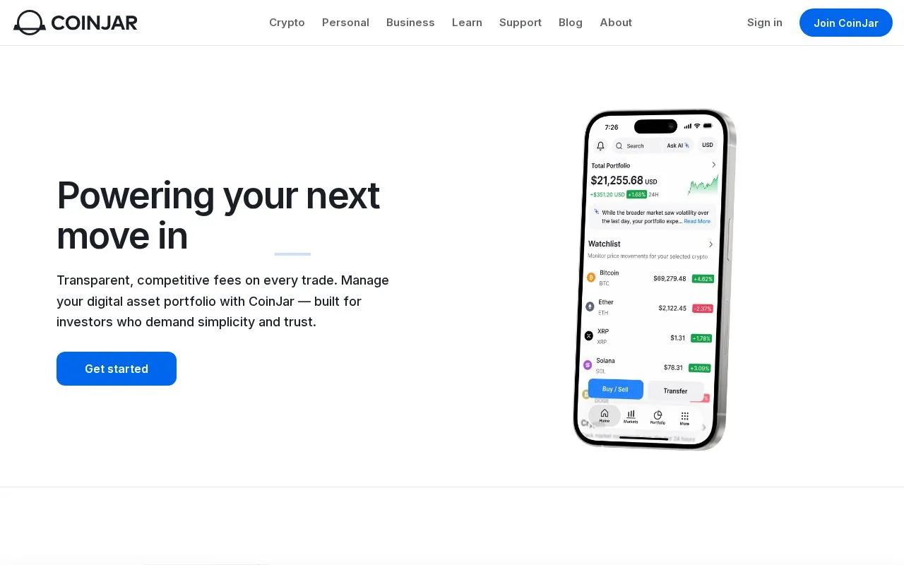 CoinJar Exchange homepage screenshot