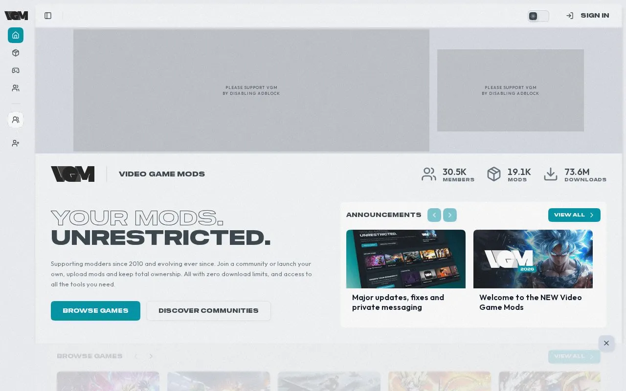 Video Game Mods homepage screenshot